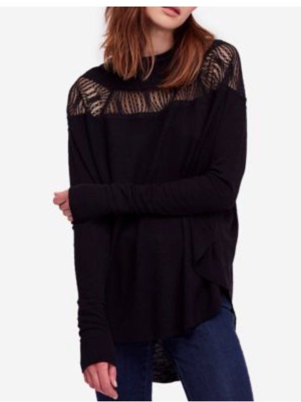 Free People Black Lace uneven hem top